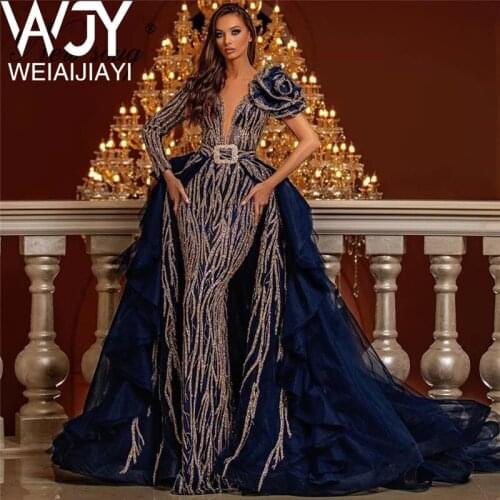 Dubai Navy Blue Glitter V Neck Evening Dresses Islamic Turkish Women Detachable Skirt Party Gowns Arabic Elegant Prom Dress