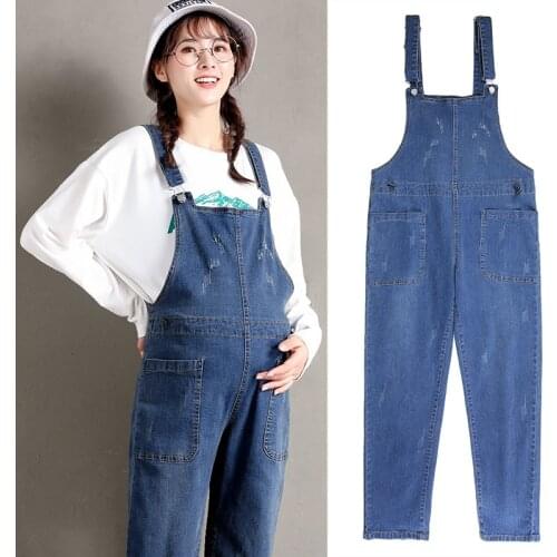 Plus Size Maternity Denim Overalls Straight Bib Pants Spring Autumn Fashion Loose Pregnant Women Pregnancy Clothes Blue Trousers