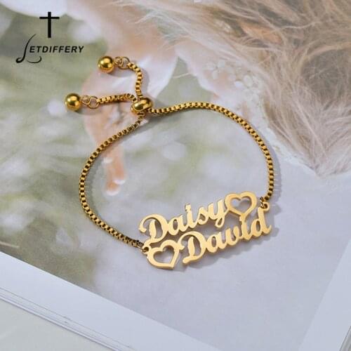 Letdiffery Customized Double Names Heart Bracelets Stainless Steel Box Chain Adjustable Women Jewelry for Lovers Christmas Gifts