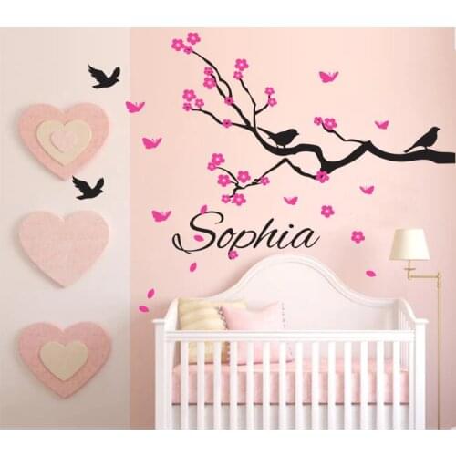 Beautiful Personalised name cherry blssom Birds Kid / Nursery Removable Wall sticker Vinyl wall decals KW-150