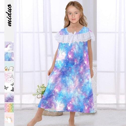 Summer Clothes Starry Sky Print Children Dresses Lace Round Neck Short Sleeved Pullover Girl Dress Loose Home Nightdress
