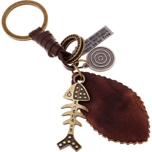 Fashion Love Key Chain Alloy Fish Bone Pendant Bag Accessories Retro Leather Holder Ring Keychain Vintage Men Women Jewelry Gift