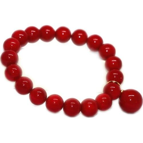 Charming Red Artificial Coral Round Beads 10mm Pendant Bracelet Women Jewelry Chain Exquisite Gift Jewelry Making 7.5inch B1707