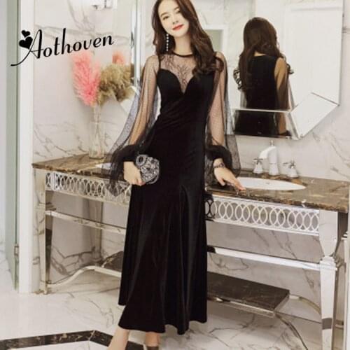 Autumn Black Lace Patchwork Velvet Dress O-Neck Long Lantern Sleeve Dress Women Office Sexy Party Ladies Maxi Dresses Vestidos