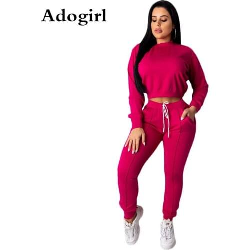 Adogirl Autumn Solid Color Womens 2Piece Set Long Sleeve Sweatshirt +Pencil Pants Suit Sporting Fashion Tracksuit Plus Size XXL