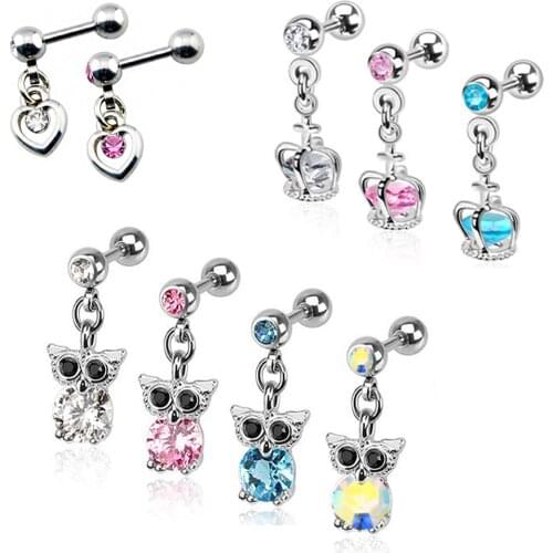 PAIR Crystal CZ Gem Heart Dangling Crown Design Owl Pendant Earring Stud Tragus Helix Cartilage Piercing Jewelry
