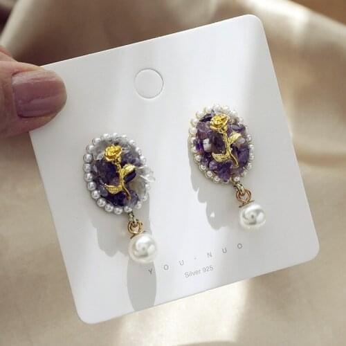 Retro Fashion Baroque Court Style Earrings Elegant Temperament Purple Rose Pearl Ear Nails No Ear Hole Ear Clip Women Gift