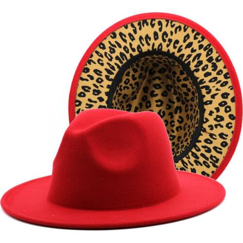 9.5CM big brim top hat men women concave top leopard print red woolen fedora hat autumn winter color matching jazz Panama hat