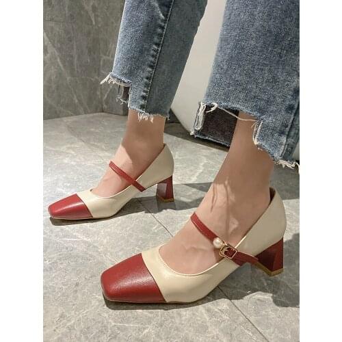 Mary Jane shoes womens casual single shoes summer retro pearl mid-heel color matching high heels elegant and beautiful