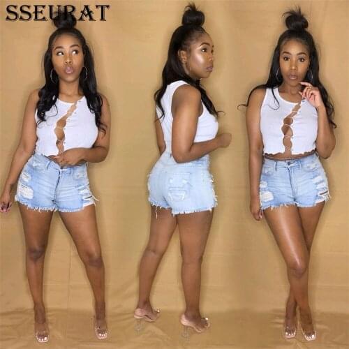 SSEURAT Women Jeans Mid Waist Elastic Denim Shorts Female High Street Fashion Sexy Casual Trousers Summer