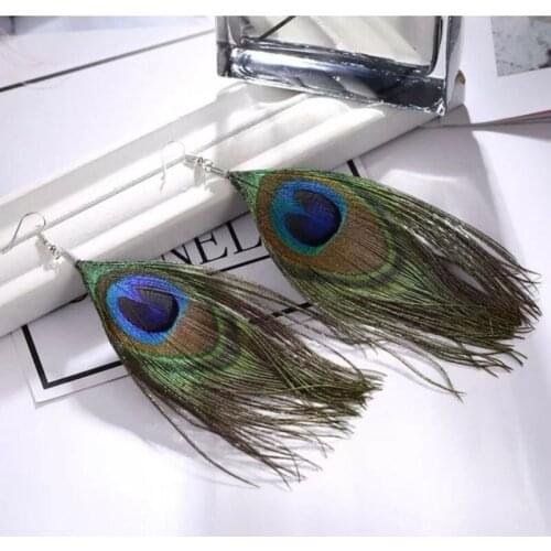 Summer Boho Peacock Feather Dangle Earrings For Women Oorbellen Hangers Handmade Vintage Tassel Earrings