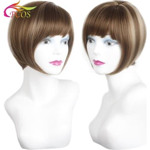 Female Short BOB Wig Synthetic Brown Color Hair Side Part Heat Resistant Wigs with Bangs for American Women