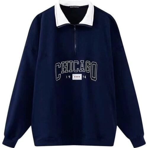 2021 new dark blue letter printing zipper stand-up collar sweatshirt ladies retro oversized loose street wear long sleeves