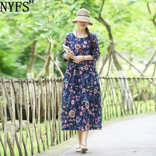 NYFS 2021 New Spring Autumn Woman dress Literary Vintage Loose Coton Printing Dresses Vestido de mujer Robe