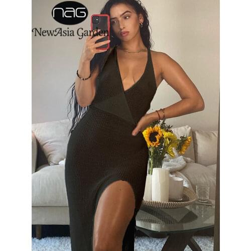 NewAsia Knitted White Dress See Through Cut out V Neck Backless Sexy Split Tie up Long Dresses Beach Party Robe Women Clothes