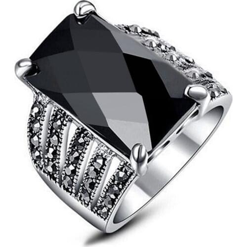 New 2016 OL Fashion Jewelry Vintage Look Black Ring Mosaic Big Square Glass Drill Silver Plated Punk Rings For Women Love Gift
