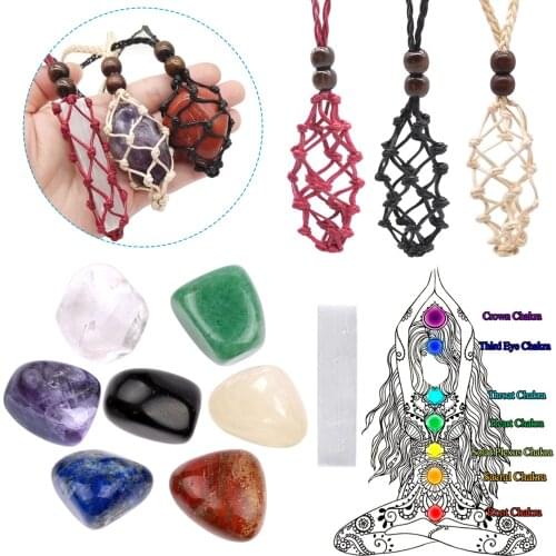 1 Set Natural 7 Chakra Gem Stone Selenite Net Bag Reiki Amethyst Clear Quartz Jasper Crystal Stones Red Cord Empty Netted Amulet