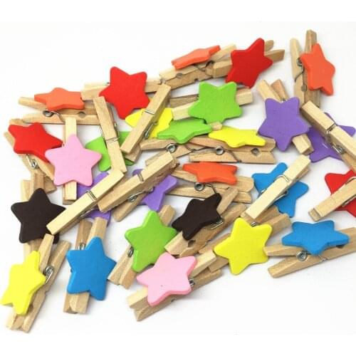 100pcs Mixed 18mm Stars on Natural 30mm Wood Pegs Easter Wedding Christmas Card Holder Clothespins Clips Crafts Embellishments