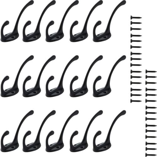 15 Pack Dual Coat Hooks Wall Mounted with 30 Screws,Heavy Duty Hooks for Hanging Coat,Scarf,Bag,Towel,Key,Hat(Black)