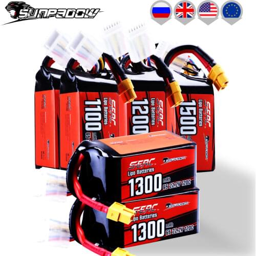 2packs Sunpadow 22.2V 6S Lipo Battery1100mAh 1200mAh 1300mAh 1500mAh 120C Soft Pack with XT60 Plug for RC FPV Drone Racing Hobby