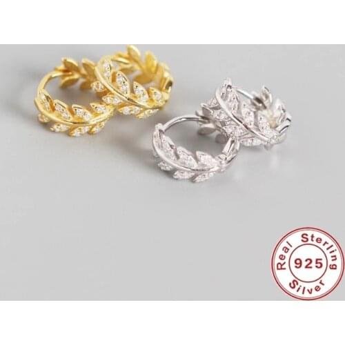 GS 925 Sterling Silver Gold Shiny Crystal Olive Leaf Branch Hoop Earrings For Women Dainty Cubic Zirconia Jeweled Earring Hoop