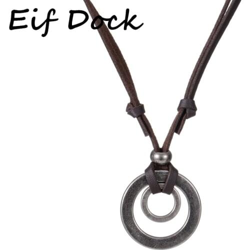 Eif Dock Men Leather Necklace & Pendants Retro Long Black Brown Rope Chain Adjustable Double Circle Alloy Jewelry Women Neckless