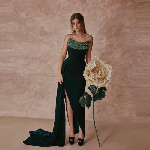 Elegant Mermaid Velvet Evening Dresses Strapless Sequins With Train Side Split Plus Size Pageant Prom Dressing Gowns