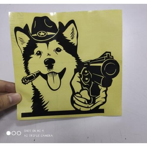 FD525A Cute Funny Alaskan Malamute Dog With Gun Die-Cut Vinyl Decal Car Sticker Waterproof Auto Decors on Body Bumper Window