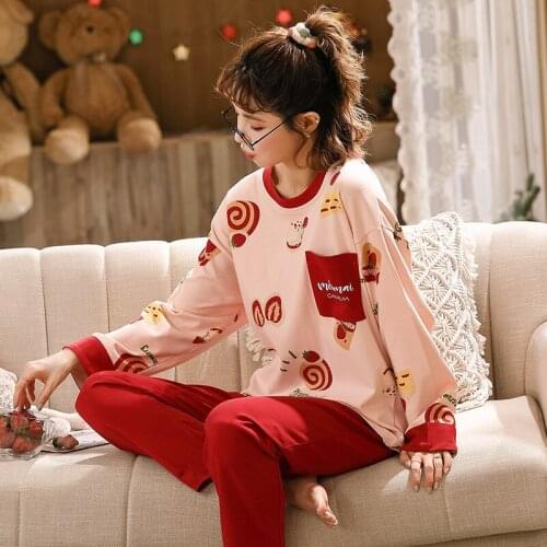 Foply Cartoon Pajamas for Women Full Cotton Pyjamas Sleepwear Nightwear Pijama Mujer Home Wear Plus Size Long Pants Nightsuit