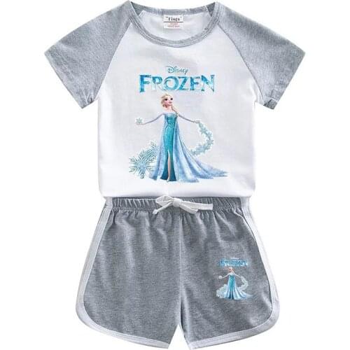 Disney Cartoon Boy Girl T-shirt With Pants Outfits Frozen Elsa Anna Print Childrens Clothes Set Cotton Summer Kids Baby Clothes