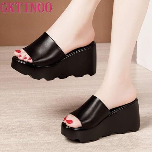 GKTINOO High Heel Sandals Women Wedges Heels Summer Shoes 2021 New Platform Open Toe Leather Sandal Women White Sandals