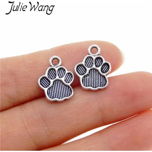 Julie Wang 50pcs Paw Charms Zinc Alloy Dog Cat Footprints Antique Silver Color Pendant Pet Animal Jewelry Making Accessory
