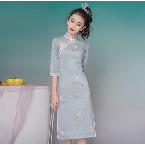 Chinese Women Qipao Dress Vintage Slim Lady Party Vestido Robe Mandarin Collar Cheongsam Traditional Dress for Women V1974
