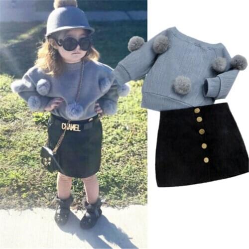 1-6years Toddler Kid Baby Girls Clothes Set Winter Knitted Sweater Cardigan With Hairball Shirt Black Skirt Dress Girls Outfits