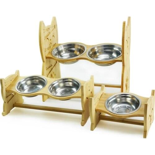 Cat Smiling Face Bamboo Cat And Dog Bowl Feeding Rack Overhead Adjustable Pet Cat And Dog Feeding Bowl Rack Stainless Steel Bowl