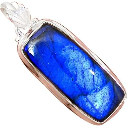 Nature Blue Fire Labradorite Pendant 925 Sterling Silver Jewelry, 48 mm, MHBAP5285