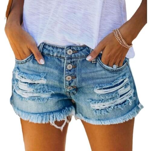 Summer Ripped Tassel Shorts High Waist Single Breasted Blue Jeans With Hole Straight Denim Shorts Mujer Streetwear Hot Pants