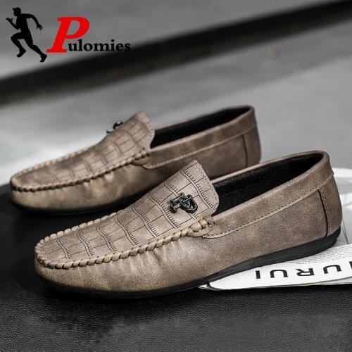 PULOMIES Men Casual Leather Loafers Shoes Men Soft Moccasins Flats Driving Shoes Footwear Fashion Slip-On Walking Shoes Loafers
