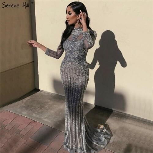 Muslim Grey Long Sleeves Sparkly Formal Dresses 2020 Luxury Mermaid Diamond Sequined Evening Gowns Serene Hill LA70199