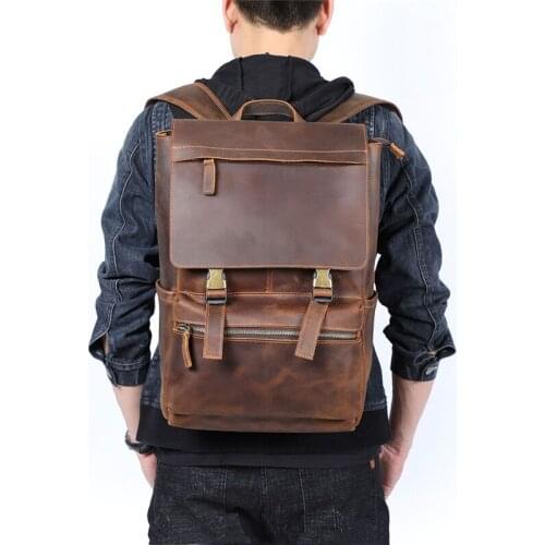 Retro mens genuine leather shoulder bag head layer cowhide womens simple casual backpack school large capacity computer bag