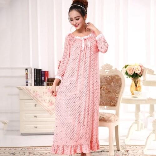 2021 New Modal Nightgown Women Cotton Sleepdress Dot Long Sleeve Long Dressing Gown Womens Nighties Princess Sleepwear Nightwear