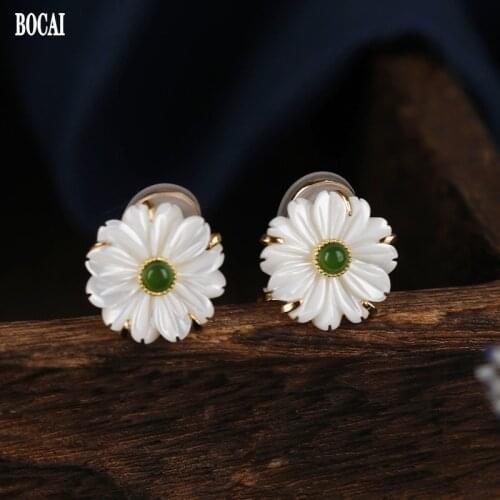 BOCAI New 2021 Trend Real S925 Silver Jewelry Shell Flower Ear Clips Sweet No Pierced Jasper Daisy Woman Earrings