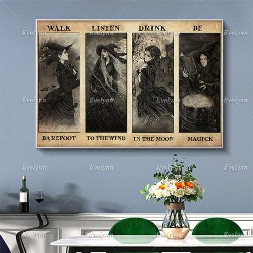 Witch Witchcraft Poster Walk Barefoot Listen To The Wind Drink In The Moon Be Magick Art Prints Home Decor Canvas FloatingFrame