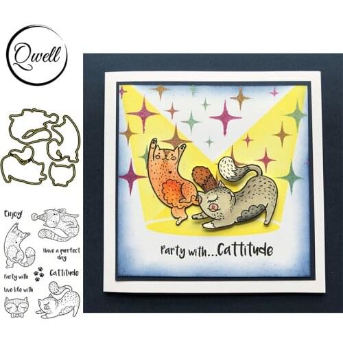 QWELL Metal Cutting Dies With Clear Stamps Furry Cat Fox Footstep Letter Enjoy Dancing Scene DIY Scrapbooking Craft Paper Cards