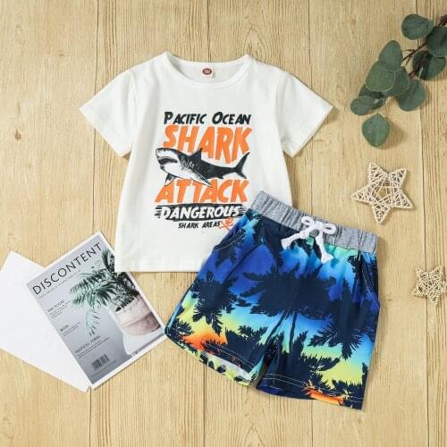 2Pcs Kids Summer Tracksuits 2021 New Fashion Boys Shark Print O-Neck Short Sleeves T-Shirt + Tied Elastic Waist Shorts