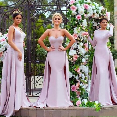 2019 Light Purple Long Sleeve Bridesmaid Dresses Mermaid Satin Detachable Train Applique Sequins Mismatched Maid of Honor