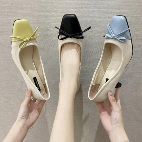 Women Pumps High Heels Dress Shoes Patchwork Boat Shoes Square Toe Bowtie Thin Heeled Woman Shoes Zapatos Mujer Autumn 9303G
