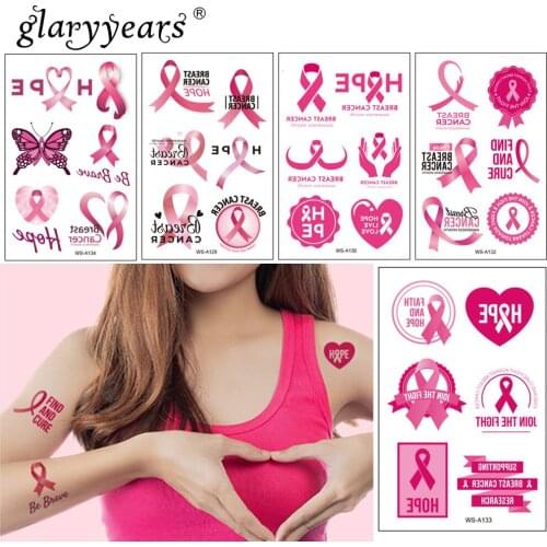 Glaryyears Pink Ribbon Day Hot Temporary Tattoo Sticker Fake Flash 1 Sheet Waterproof Fashion Small Body Art Woman Female