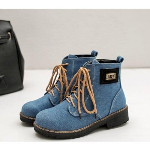 US4-11 Womens Roune Toe Denim Jeans Flock Ankle Boots Lace Up Oxfords Metal Sheet Punk Motorcycle Shoes 5Colors Plus Size C899