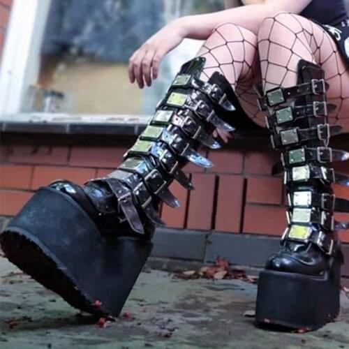 Modern Black Sky High Heel Boots for Lady Winter Buckle Straps Ornament High Platform Womens Knee Boots Big Size 43